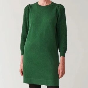 COS Puff Sleeve Cotton-wool Dress In Green